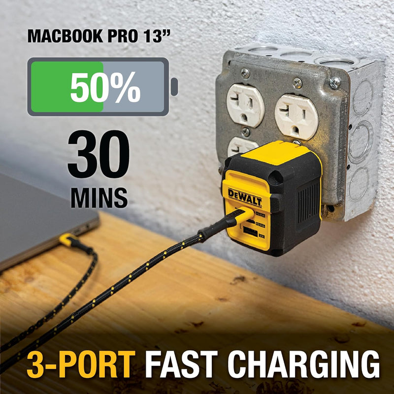 DEWALT Heavy Duty 65W 3-Port USB-C GaN Charger – Fast Compact Wall Adapter for Laptops, Tablets & Phones