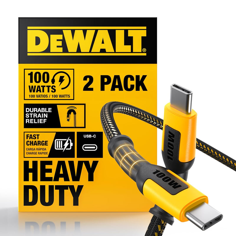 DEWALT Heavy Duty 100W USB-C Cable – PD Fast Charging Type-C to Type-C Jobsite Cord