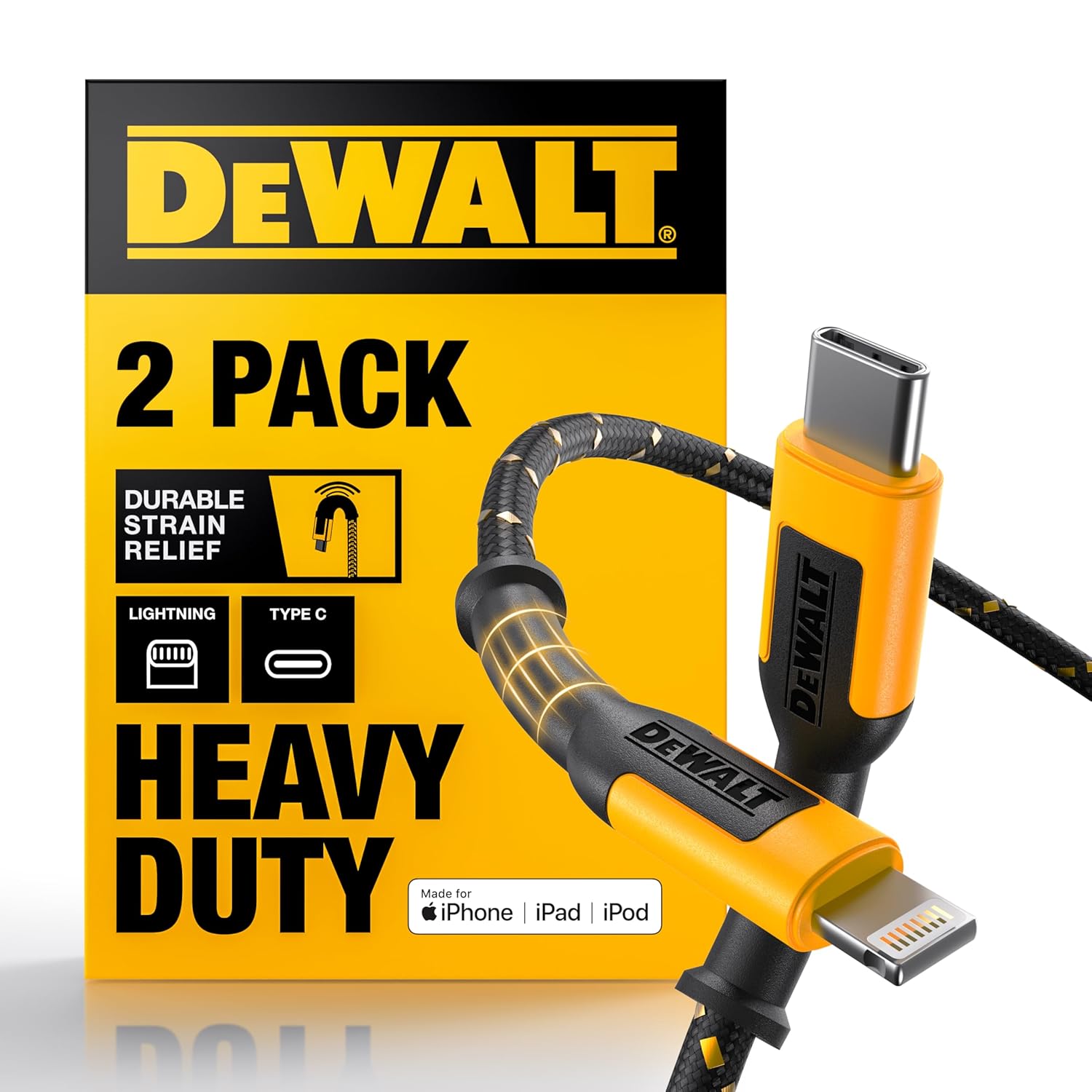 DEWALT Heavy Duty USB-C to Lightning Cables (2-Pack, 4ft)