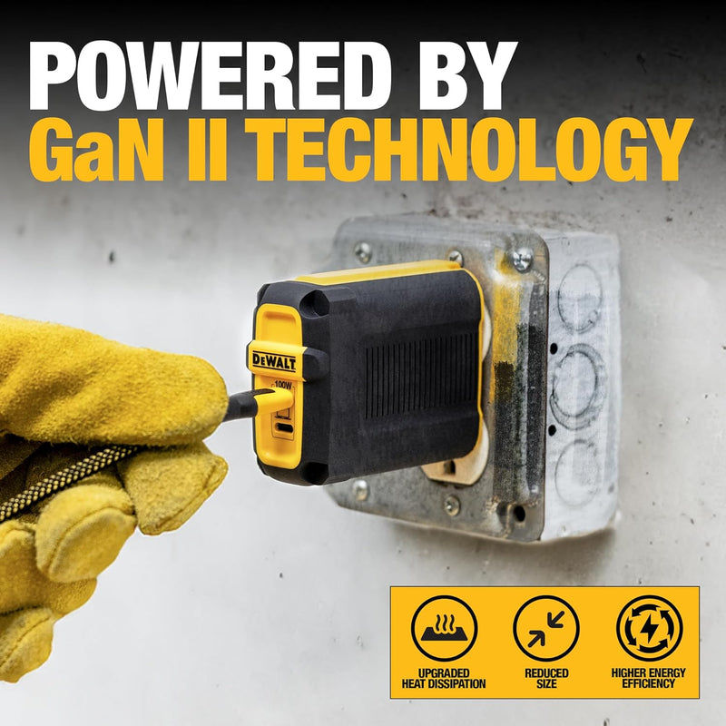 DEWALT Heavy Duty 100W USB-C GaN Charger – Dual Port Fast Compact Wall Adapter for Laptops, Tablets & Phones