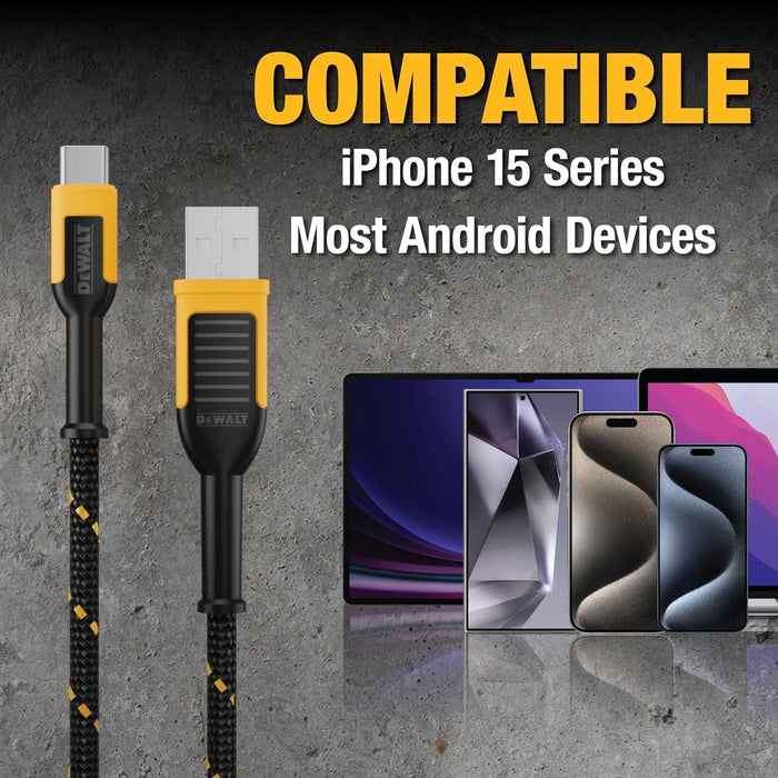 DEWALT Heavy Duty USB-A to USB-C Cable – Fast Charging Cord for iPhone, MacBook, iPad, Samsung