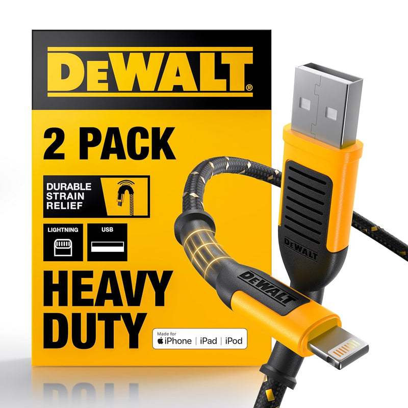 DEWALT Heavy Duty iPhone Charger Cords (2-Pack, 4ft) – MFi Certified Lightning to USB