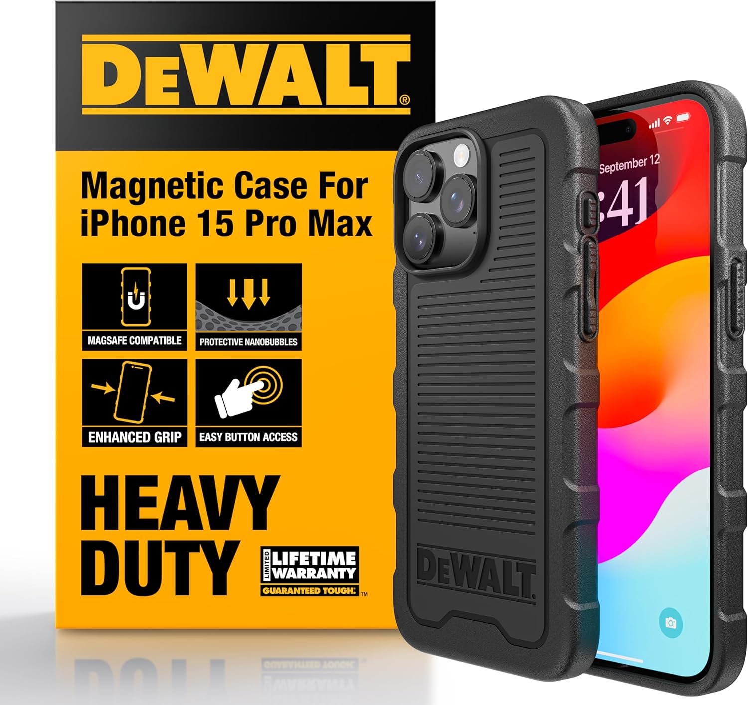 DEWALT iPhone 15 Pro Max Shockproof MagSafe Case, Matte Black