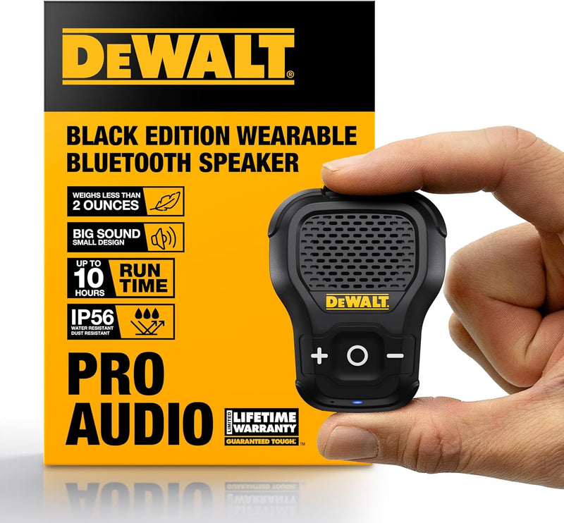 DEWALT Wearable Bluetooth Speaker [Onyx Edition - Black], Clip-On Wireless Jobsite Pro, Water-Repellent Portable Speaker (Non-Magnetic) w/Mic for Hands-Free Calls, Compact Mini Bluetooth Speaker