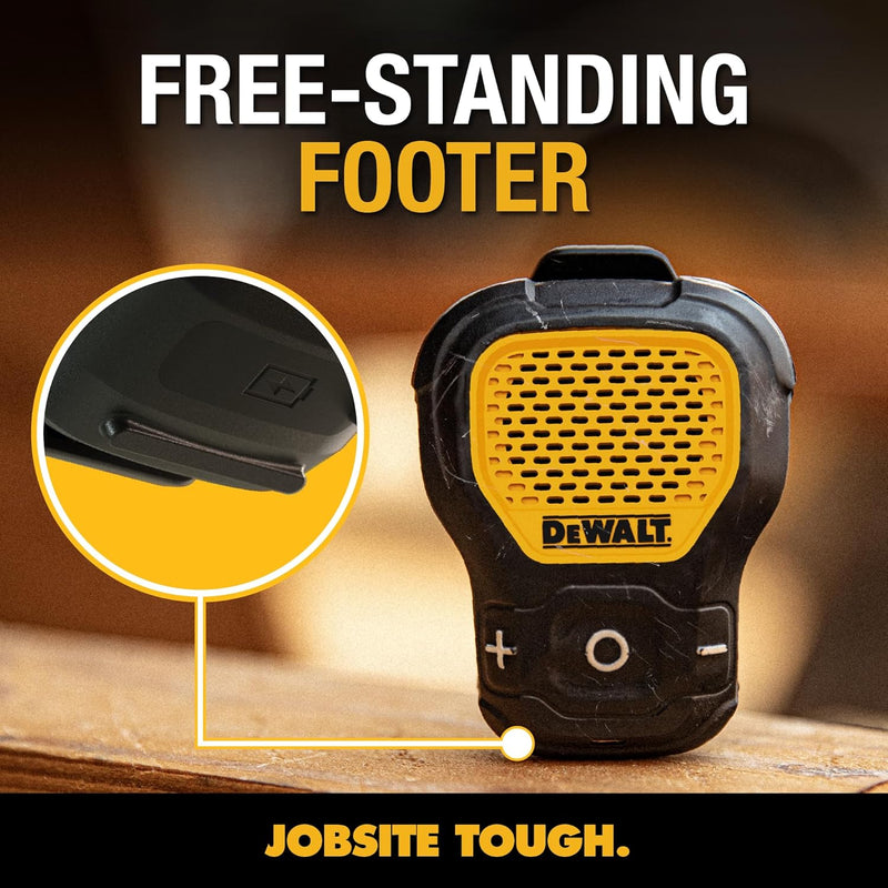 DEWALT Wearable Bluetooth Speaker – Updated Clip-On Portable Jobsite Speaker, Water-Resistant (Non-Magnetic) w/Built-in Mic for Hands-Free Music & Calls – Yellow
