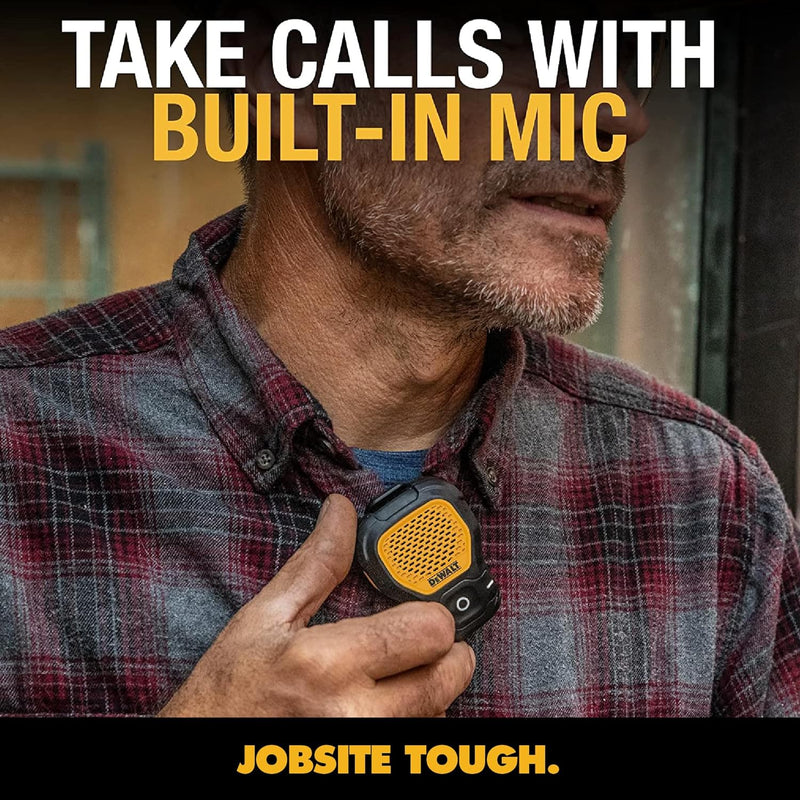 DEWALT Wearable Bluetooth Speaker – Updated Clip-On Portable Jobsite Speaker, Water-Resistant (Non-Magnetic) w/Built-in Mic for Hands-Free Music & Calls – Yellow