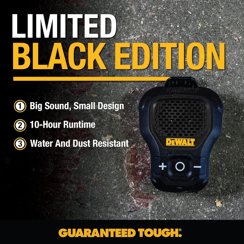 DEWALT Wearable Bluetooth Speaker [Onyx Edition - Black], Clip-On Wireless Jobsite Pro, Water-Repellent Portable Speaker (Non-Magnetic) w/Mic for Hands-Free Calls, Compact Mini Bluetooth Speaker
