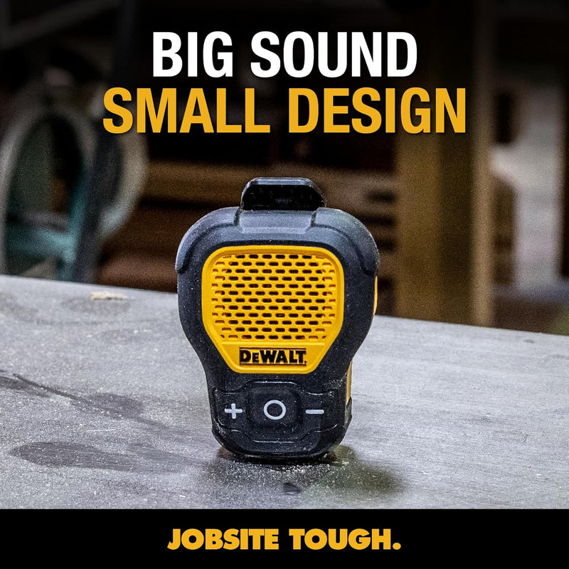 DEWALT Wearable Bluetooth Speaker – Updated Clip-On Portable Jobsite Speaker, Water-Resistant (Non-Magnetic) w/Built-in Mic for Hands-Free Music & Calls – Yellow