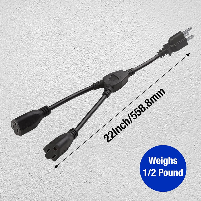 Heavy-Duty Extension Cord Splitter – Y-Splitter 1 to 2 Dual Outlet, 16AWG 13.5A UL Listed, 22in Black