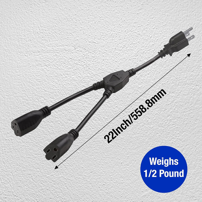 Heavy-Duty Extension Cord Splitter – Y-Splitter 1 to 2 Dual Outlet, 16AWG 13.5A UL Listed, 22in Black