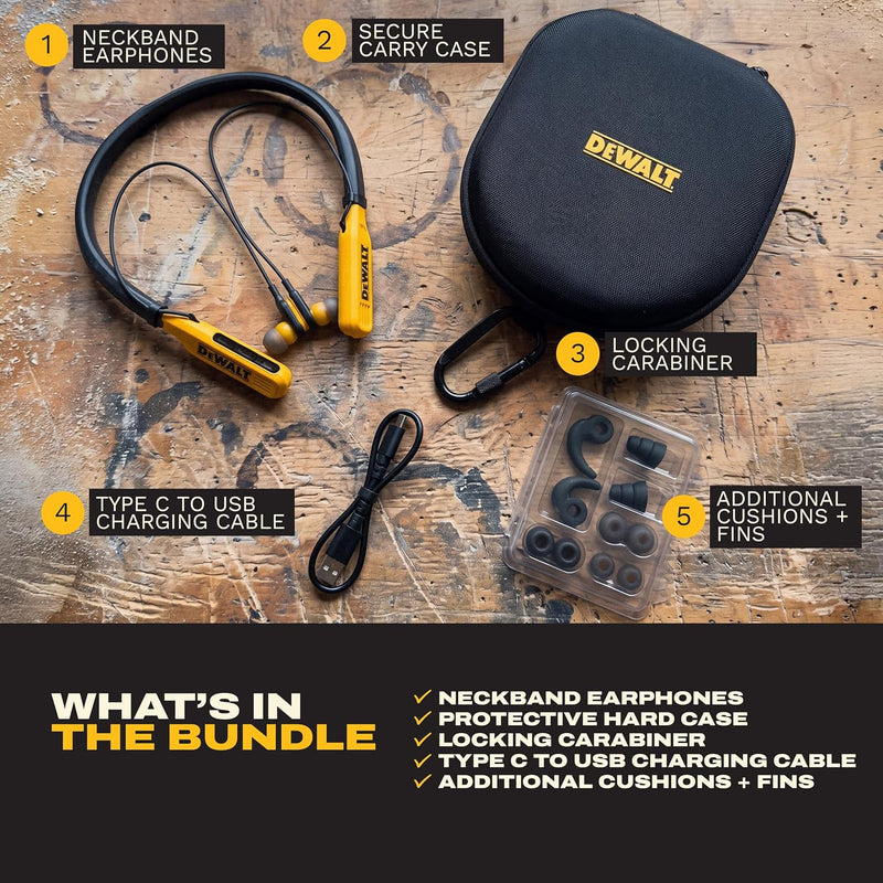 DEWALT Neckband Earphones Gift Bundle with Carrying Case and Carabiner