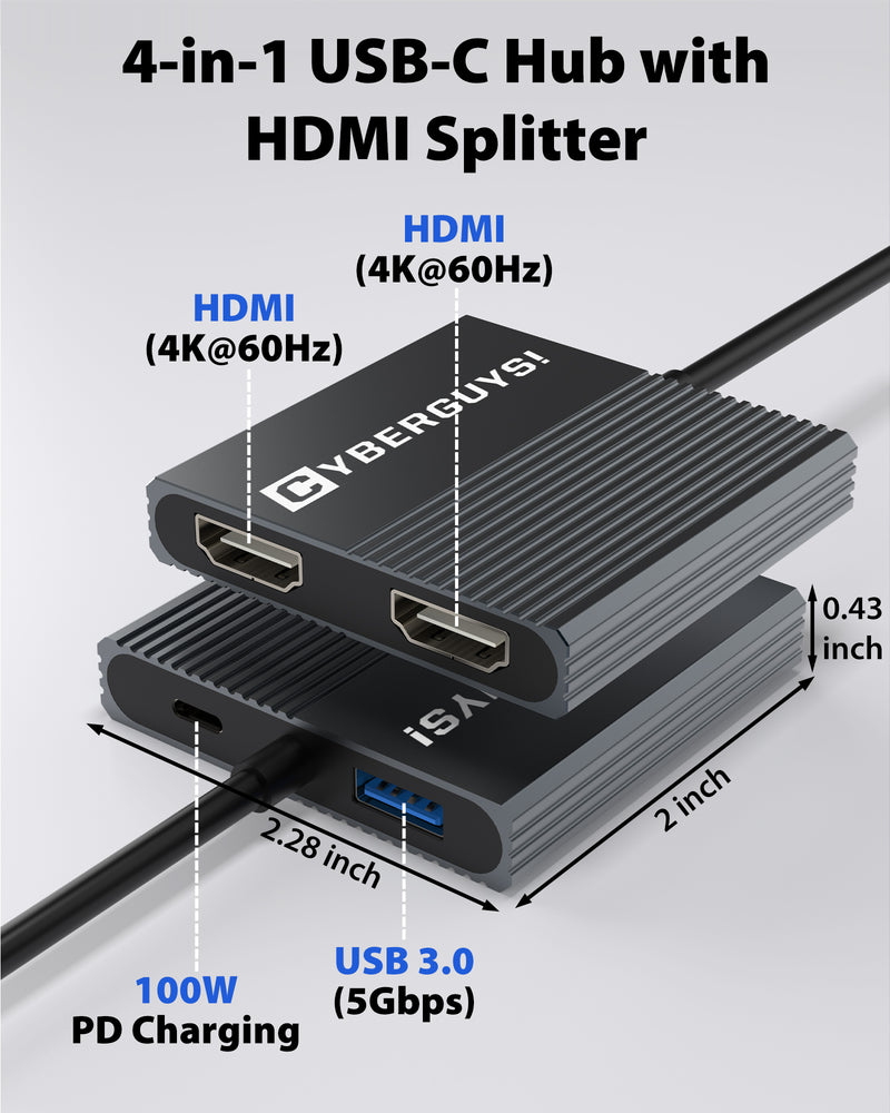 Cyberguys USB-C to Dual HDMI Splitter Hub, 4K 60Hz with USB 3.0 and 100W PD