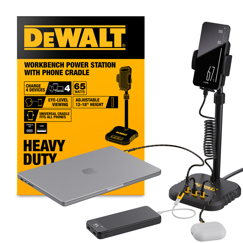 DEWALT Universal Phone Cradle Stand with USB Ports, Adjustable Workbench Mount