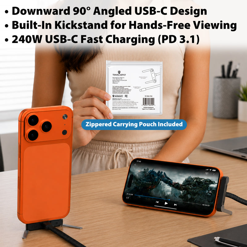 Travel Depot 240W USB-C Cable 4ft, 90 Degree with Built-In Phone Kickstand
