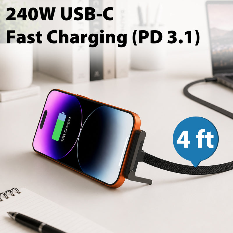 Travel Depot 240W USB-C Cable 4ft, 90 Degree with Built-In Phone Kickstand