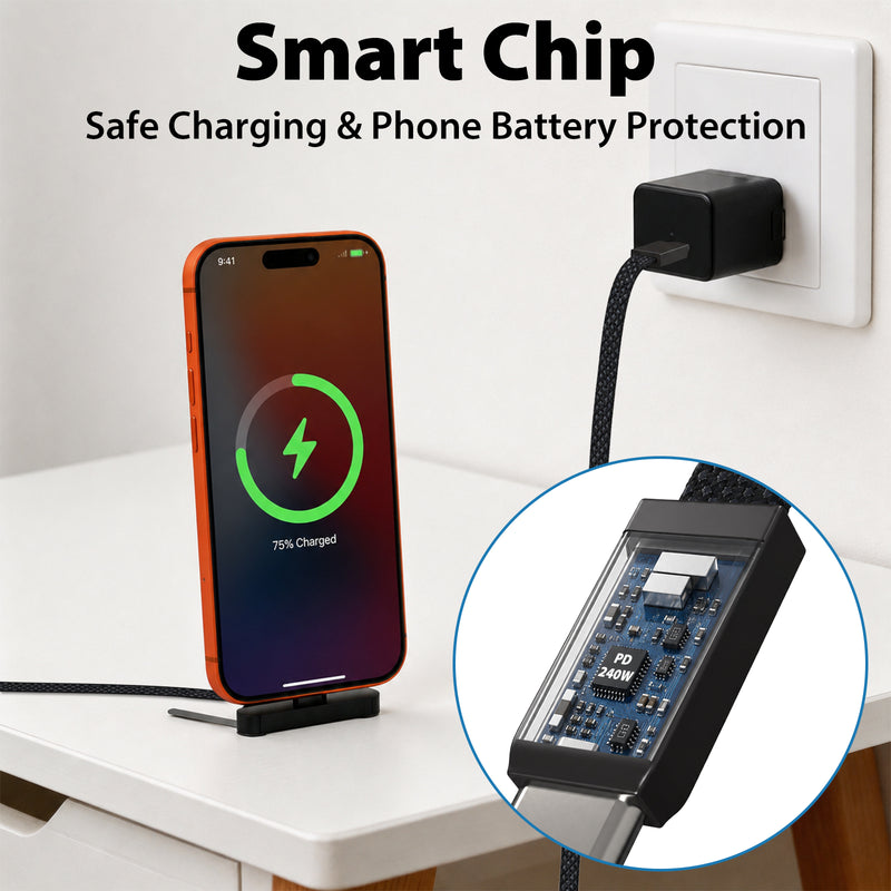 Travel Depot 240W USB-C Cable 4ft, 90 Degree with Built-In Phone Kickstand