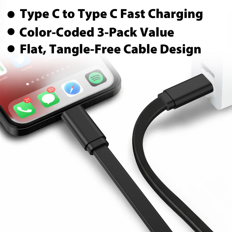 Travel Depot 3 Pack Flat USB-C to USB-C Cable, Fast Charging Tangle-Free Design