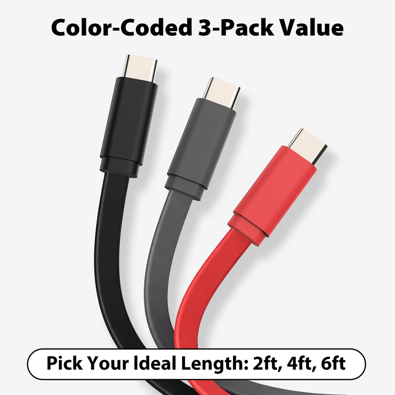 Travel Depot 3 Pack Flat USB-C to USB-C Cable, Fast Charging Tangle-Free Design