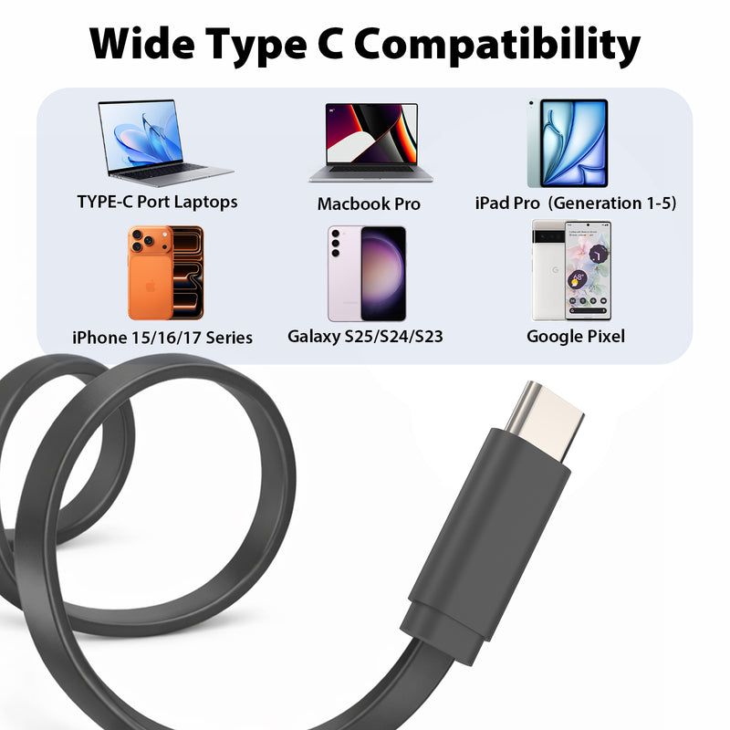 Travel Depot 3 Pack Flat USB-C to USB-C Cable, Fast Charging Tangle-Free Design