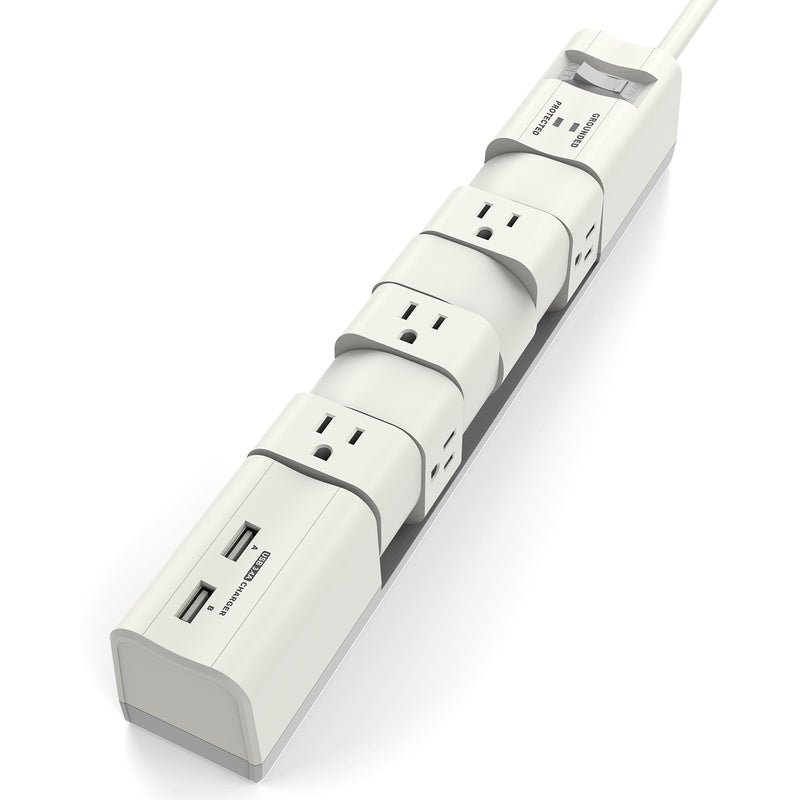 Cyberguys 6-Outlet Rotating Power Strip with USB Ports, Flat Plug Surge Protector
