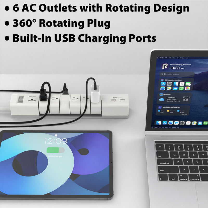 Cyberguys 6-Outlet Rotating Power Strip with USB Ports, Flat Plug Surge Protector