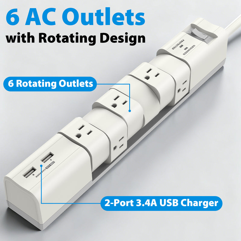 Cyberguys 6-Outlet Rotating Power Strip with USB Ports, Flat Plug Surge Protector