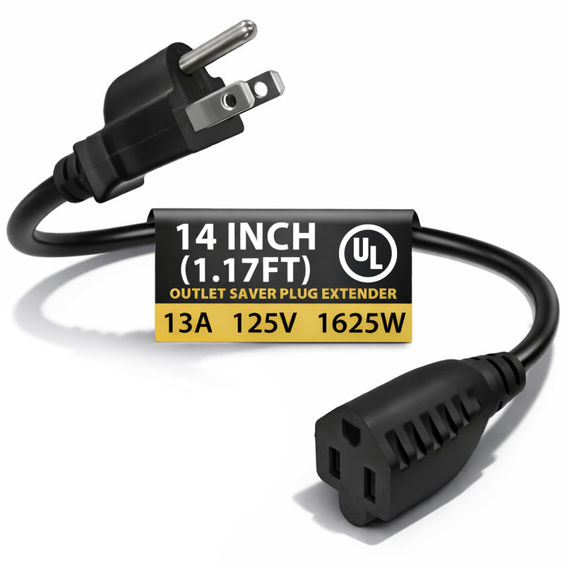 Heavy-Duty Extension Cord 14in – 3-Prong Short Power Outlet Saver, UL Listed 16 AWG