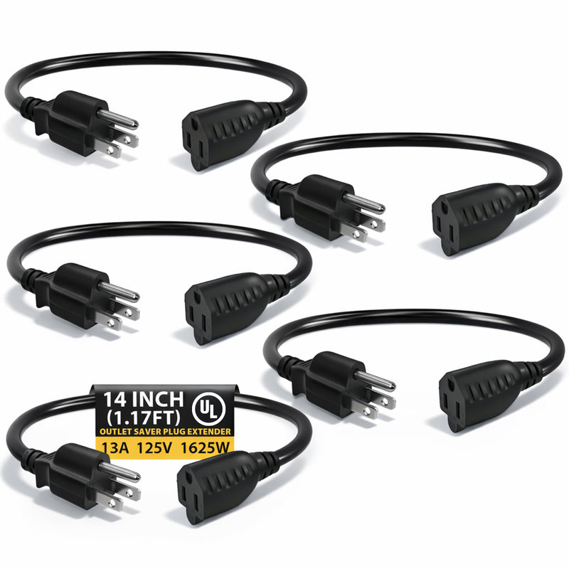 Heavy-Duty Extension Cord 14in – 3-Prong Short Power Outlet Saver, UL Listed 16 AWG