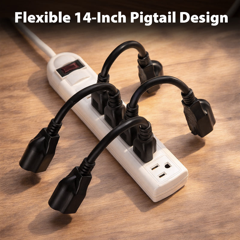 Heavy-Duty Extension Cord 14in – 3-Prong Short Power Outlet Saver, UL Listed 16 AWG