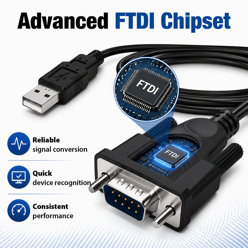 Cyberguys USB-A to RS232 Serial Cable with FTDI Chip, DB9 Plug and Play