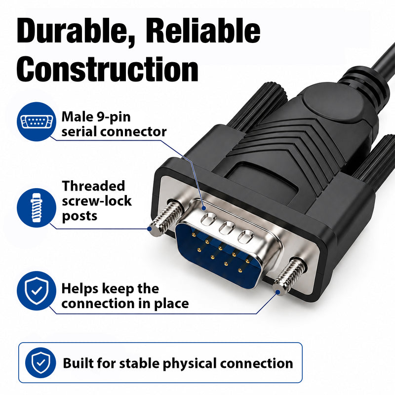 Cyberguys USB-A to RS232 Serial Cable with FTDI Chip, DB9 Plug and Play