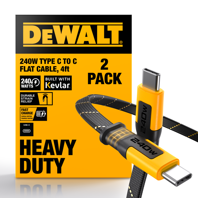 DEWALT Heavy Duty USB-C to USB-C Cable – Flat 240W Kevlar-Reinforced Fast Charger for iPhone, Samsung, MacBook, iPad, Pixel