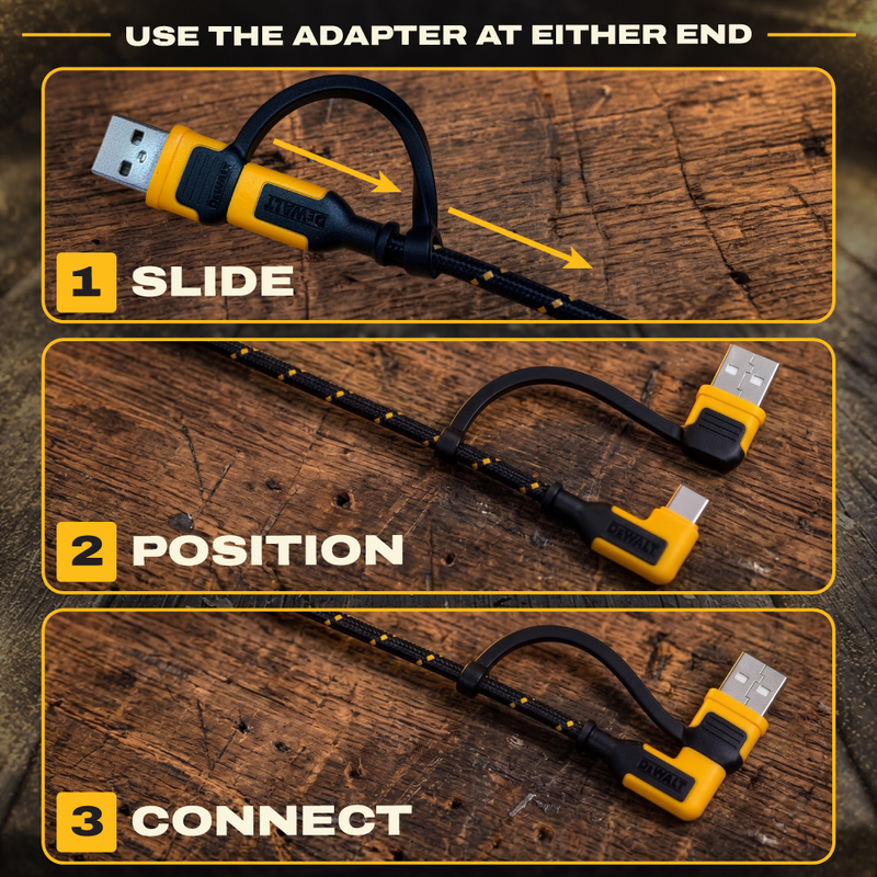 DEWALT 90 Degree USB-C Cable with Sliding USB-A Adapter, 60W Fast Charging