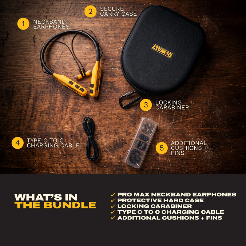 DEWALT Pro Max Neckband Earphones Gift Bundle with Case and Carabiner