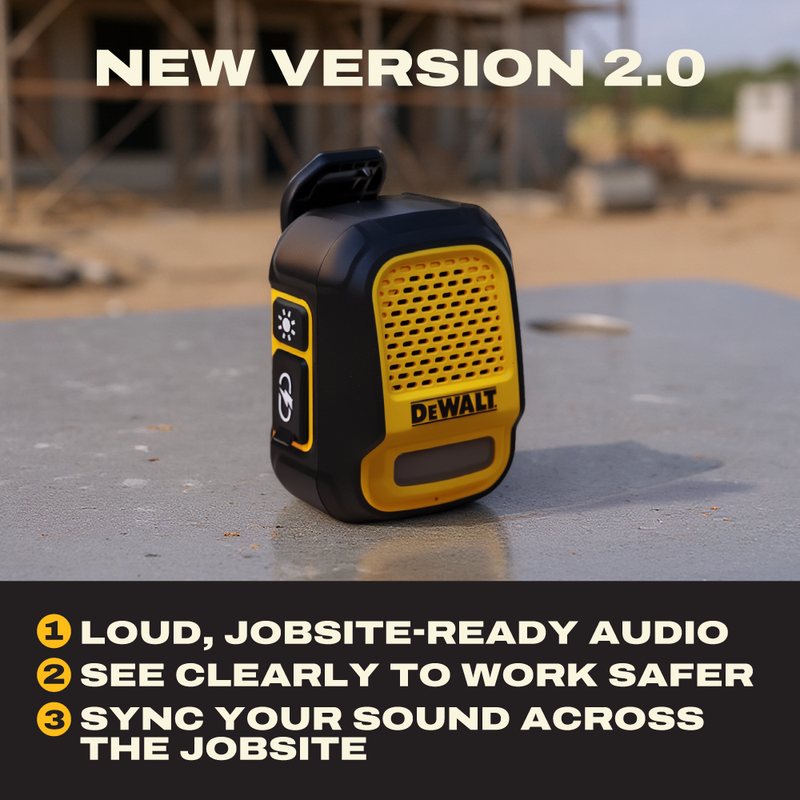 DEWALT Wearable Clip-On Bluetooth Speaker with LED Work Light, 12H Runtime