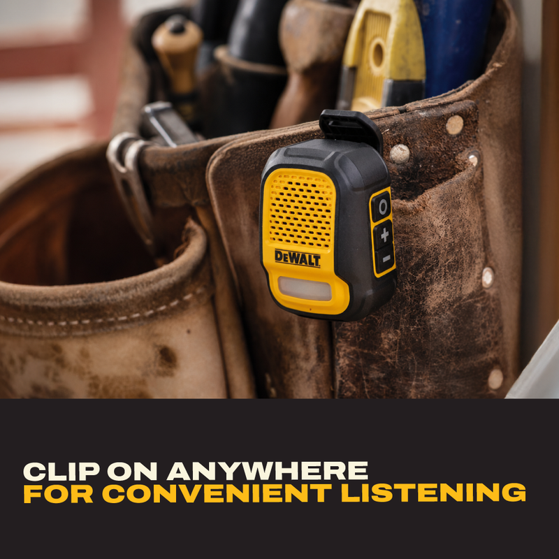 DEWALT Wearable Clip-On Bluetooth Speaker with LED Work Light, 12H Runtime