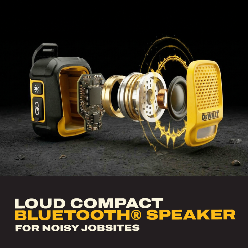 DEWALT Wearable Clip-On Bluetooth Speaker with LED Work Light, 12H Runtime