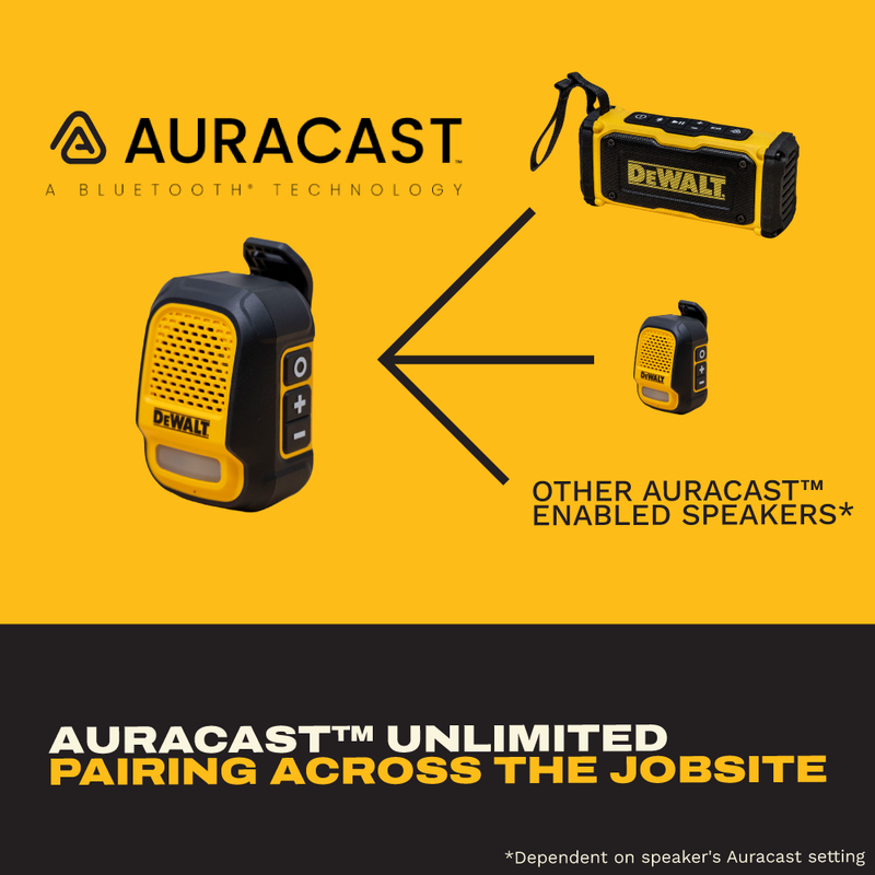 DEWALT Wearable Clip-On Bluetooth Speaker with LED Work Light, 12H Runtime