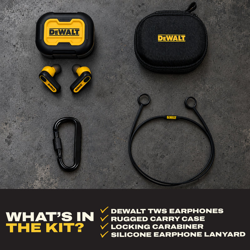 DEWALT Wireless Earbuds Gift Bundle with Carrying Case, Lanyard and Carabiner